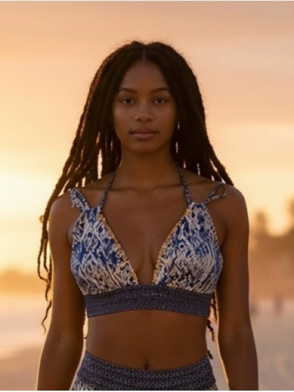 NWT B.O.G Band of Gypsies Blue Printed Halter Crop Top with Gold Trim